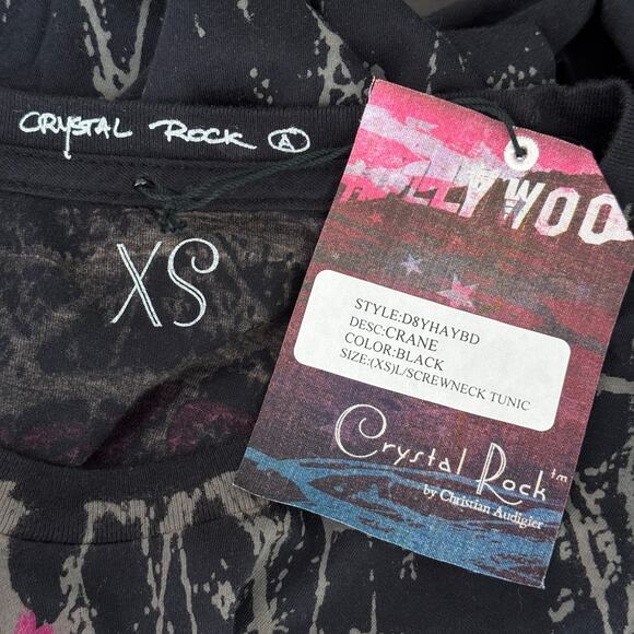 Christian Audigier Crystal Rock Top Womens XS Crane Blossom Y2K Tunic Shirt Tee - Picture 3 of 12